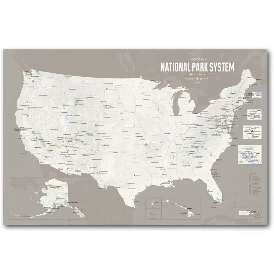 National Park System Units Map - White & Gray 24X36