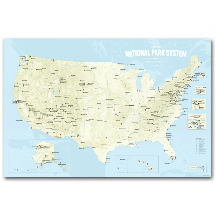National Park System Units Map - Beige & Light Blue 24X36