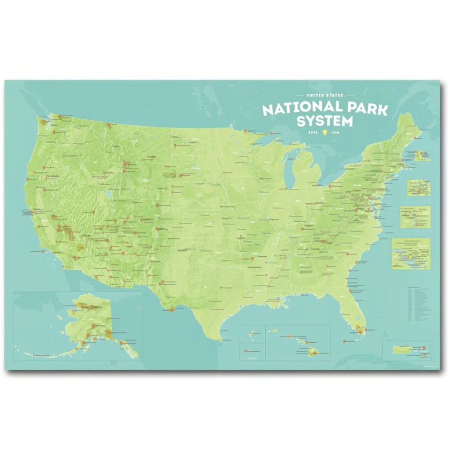 National Park System Units Map - Green & Aqua 24X36